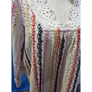 Intro. 3/4 Sleeve Eyelet Stripe Boho Tunic Top sz L White Multicolor Retro 21F